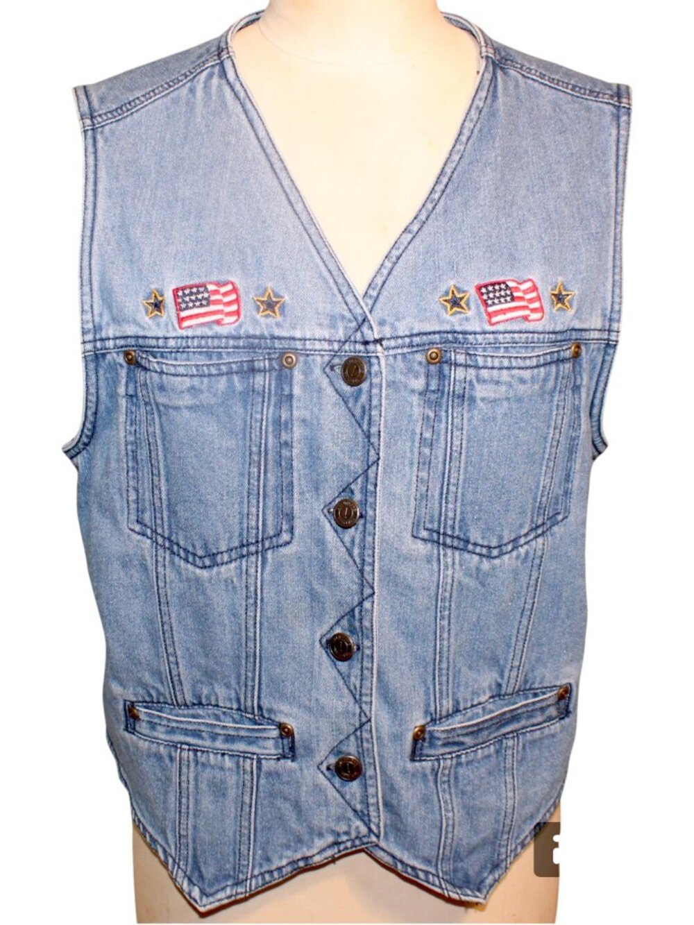 Vintage Denim Vest America Embroidered Sz L SOLUTIONS ORIGINAL Jean Flag Top